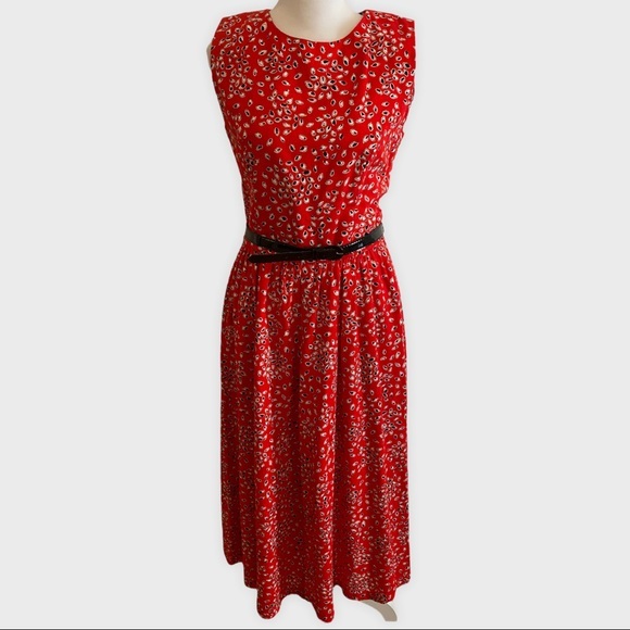 Vintage Lanz Red Black Abstract Print Open Back Belted Midi Dress